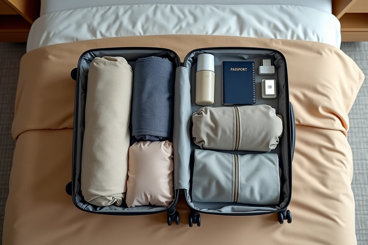 Valise cabine ouverte avec organisation d'affaires de voyage en flat lay sur fond bois