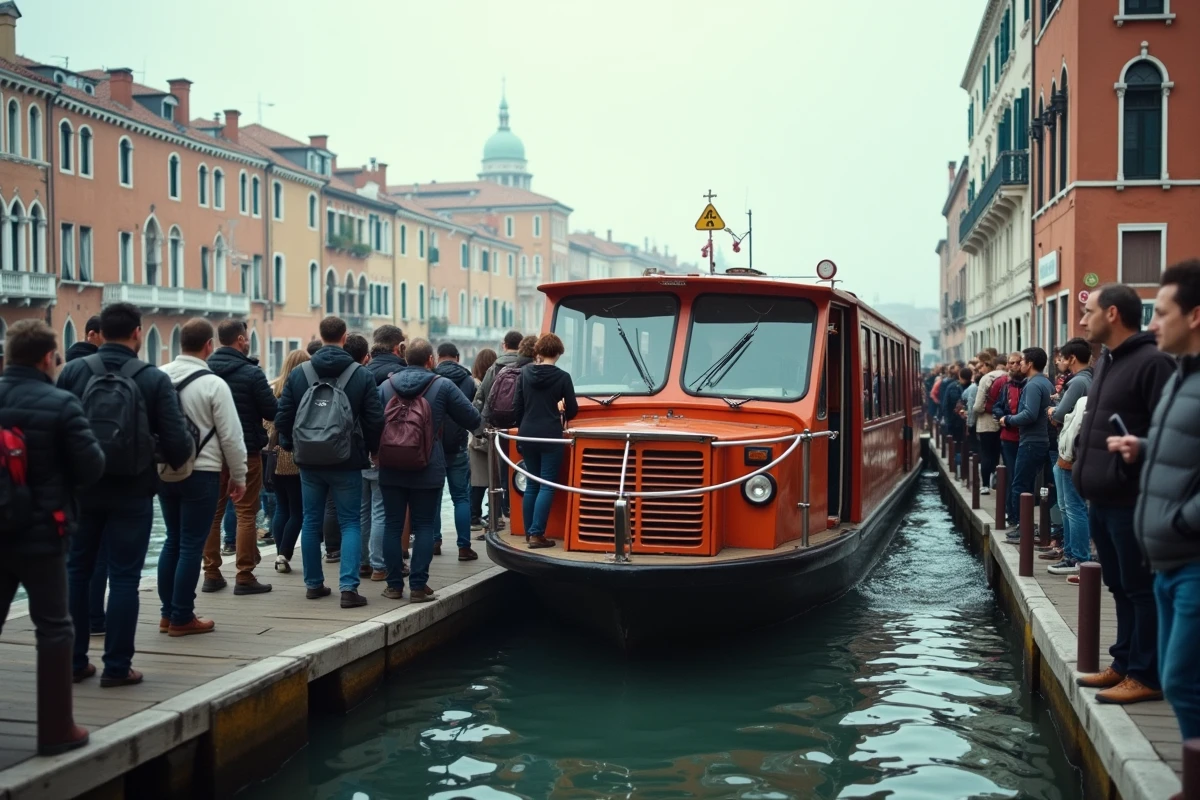 Passagers montant et descendant d'un vaporetto sur le Grand Canal de Venise, illustrant les transports en commun aquatiques de la ville