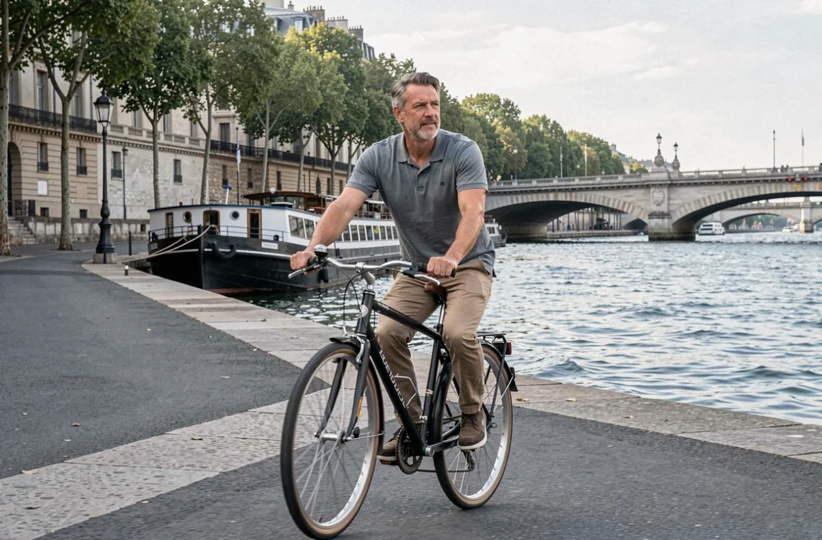 Homme à vélo sur les quais de Seine à Paris en été, pont parisien et péniches en arrière-plan