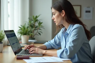 Jeune femme vérifiant les dates de rendez-vous disponibles pour un visa sur un site de consulat depuis son bureau à domicile