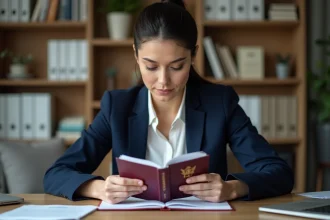 Femme vérifiant la validité de son passeport à son bureau à domicile