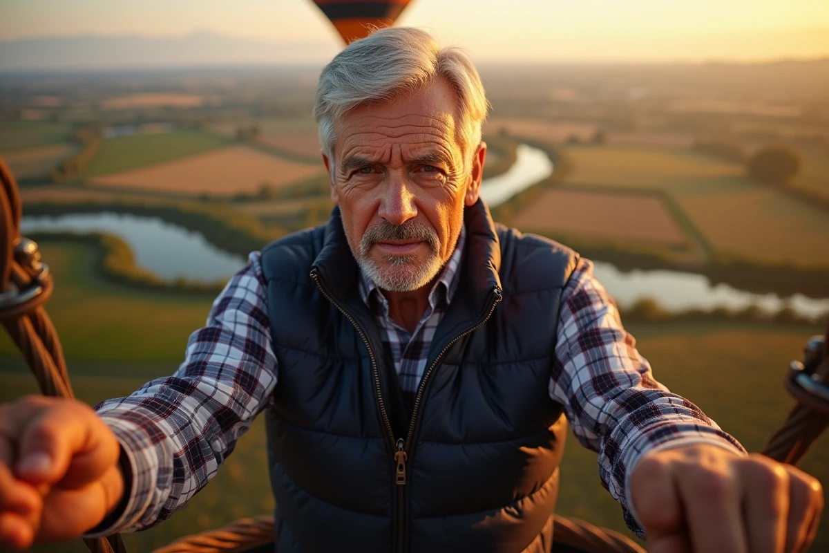 Homme aux cheveux argentés regardant vers le sol depuis la nacelle d'une montgolfière en altitude, exprimant le vertige au-dessus d'un paysage automnal de vignes