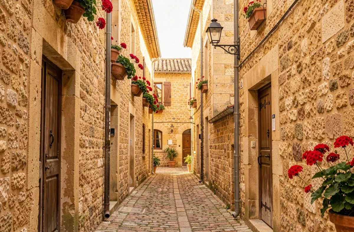 Ruelle médiévale étroite aux murs en pierre de taille menant à la cour du Vieux Castillon dans le village de Castillon-du-Gard
