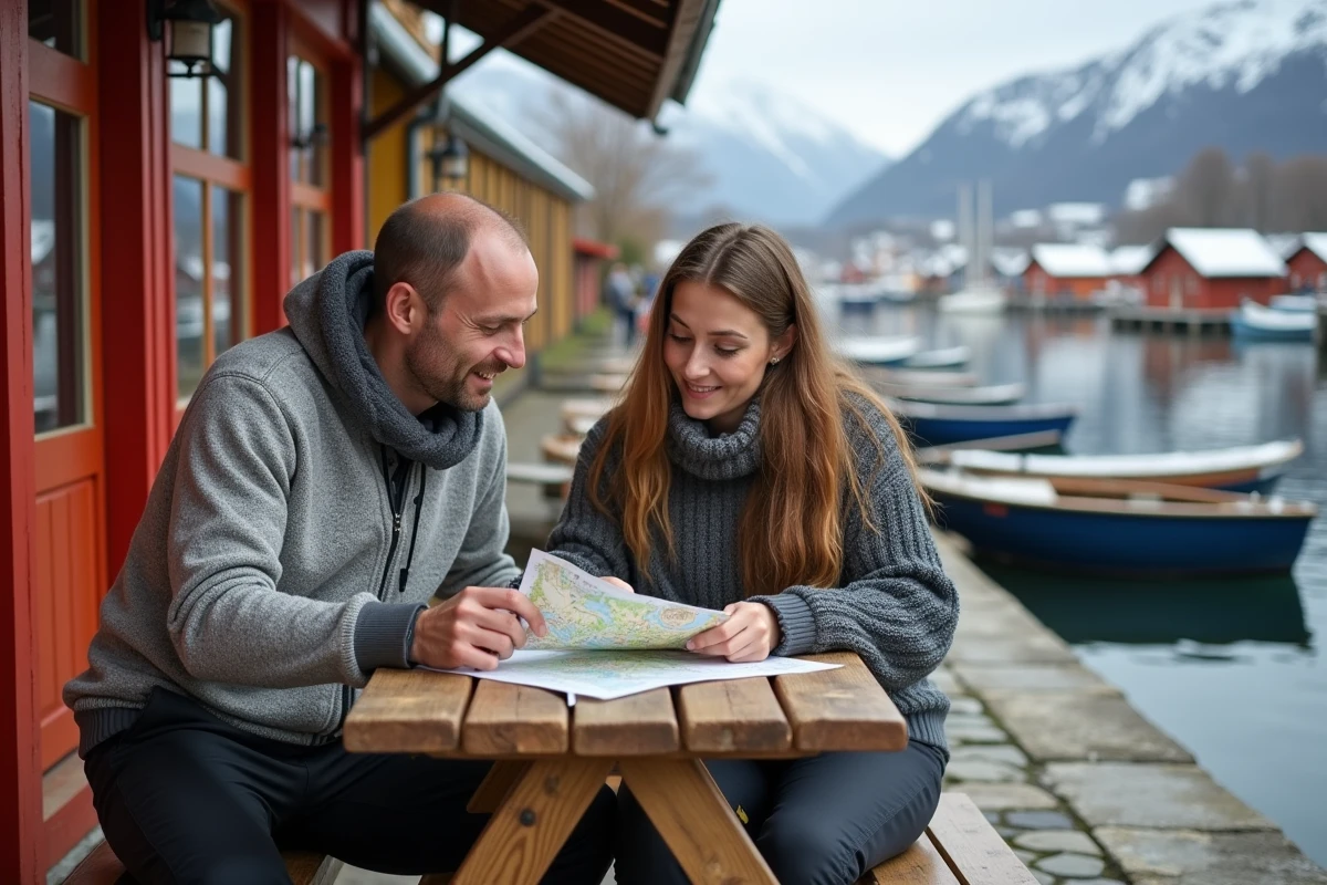 Couple consultant une carte papier devant un café de village au bord d'un fjord norvégien avec bateaux de pêche amarrés