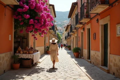 Rue pavée pittoresque d'un village sicilien en octobre avec une femme se promenant devant des étals de marché artisanal