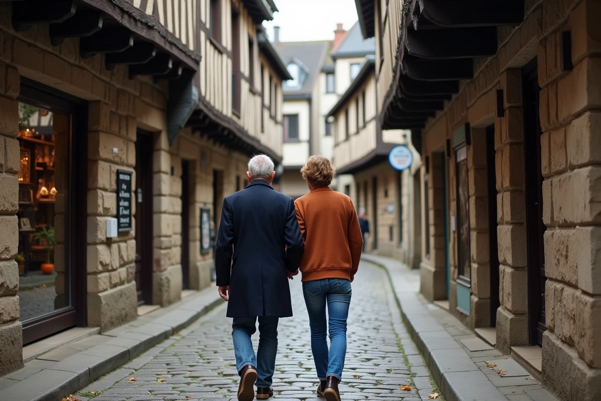 Couple se promenant dans les ruelles pavées et historiques du centre-ville de Honfleur en automne