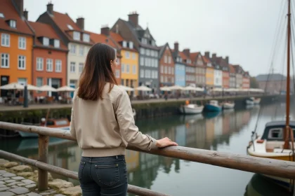 Femme contemplant le Vieux-Bassin de Honfleur avec les maisons colorées à colombages se reflétant dans l'eau du port