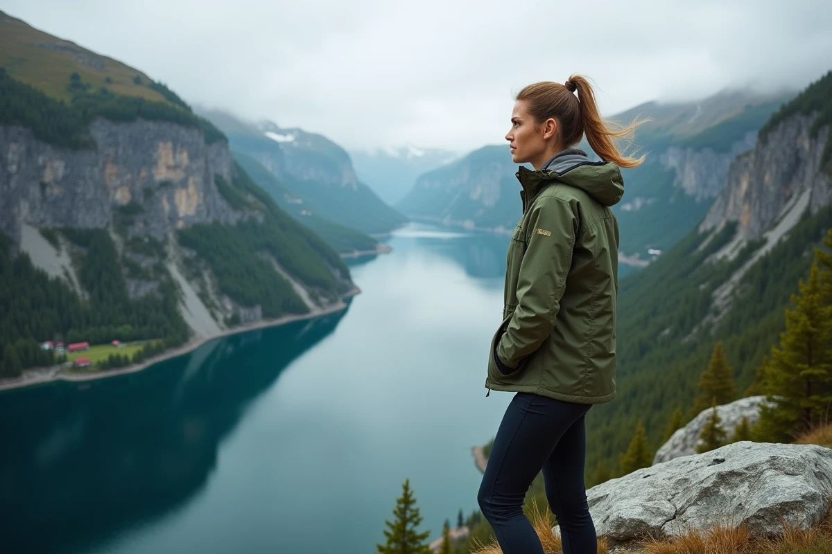 Femme en veste de randonnée contemplant un fjord norvégien depuis un promontoire rocheux dominant les eaux turquoise