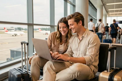 Couple cherchant des voyages pas chers tout compris en août sur un ordinateur portable à l'aéroport