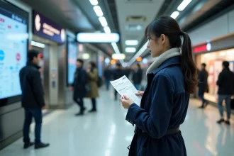 Femme japonaise consultant le tableau des tarifs de train à la gare de Tokyo avec un billet à la main