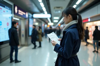 Femme japonaise consultant le tableau des tarifs de train à la gare de Tokyo avec un billet à la main
