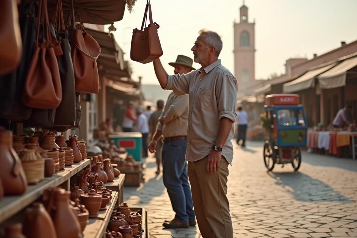 Voyageur négociant le prix d'un sac en cuir sur la place Djemaa el-Fna à Marrakech