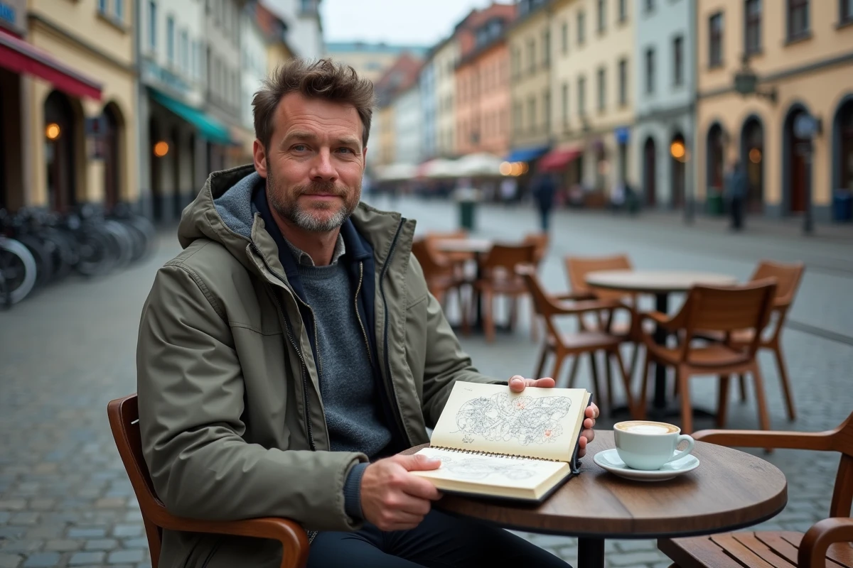 Voyageur prenant des notes dans un journal de voyage en terrasse de café dans une ville européenne du nord