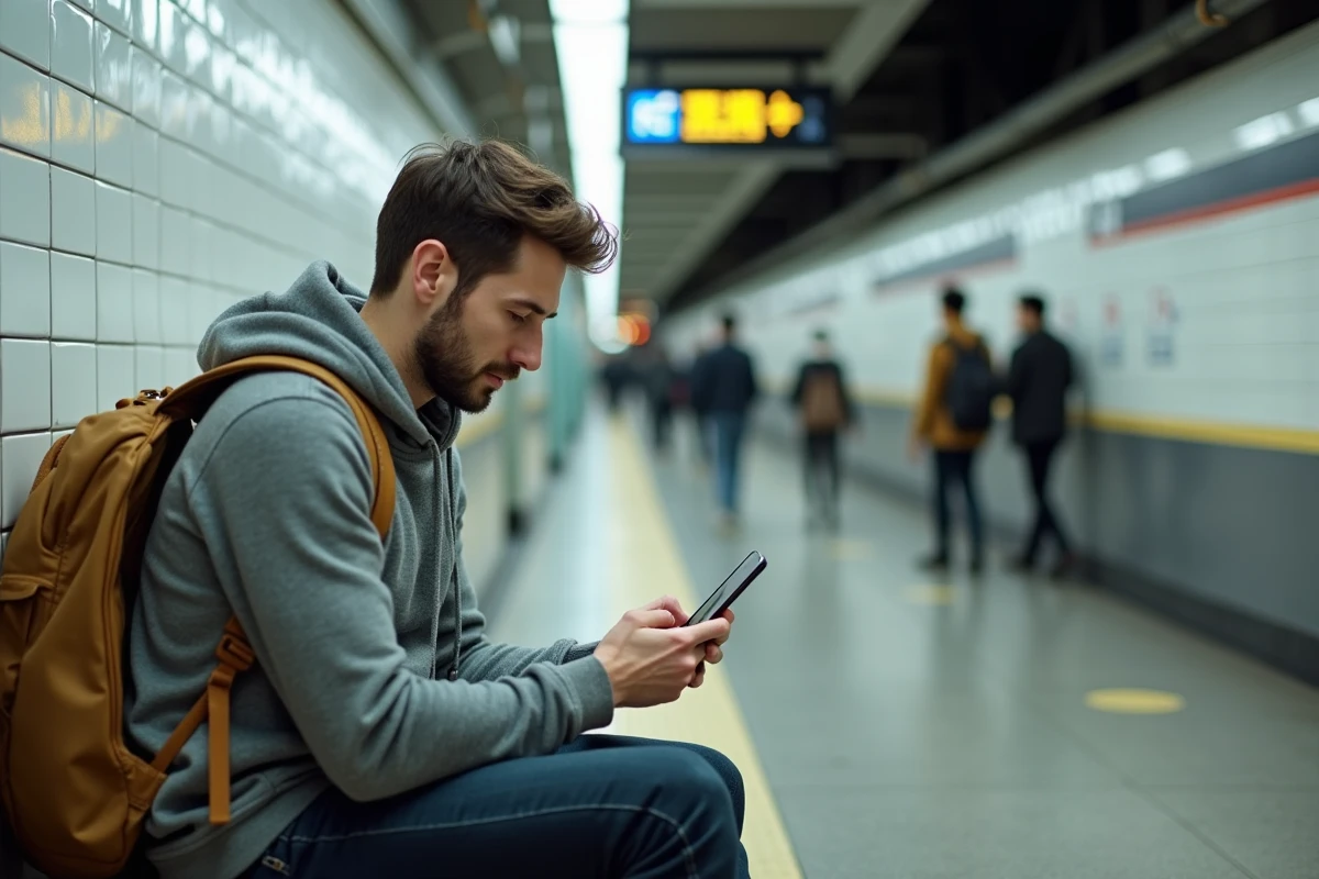 Voyageur occidental comparant les prix du métro tokyoïte sur son smartphone dans une station souterraine