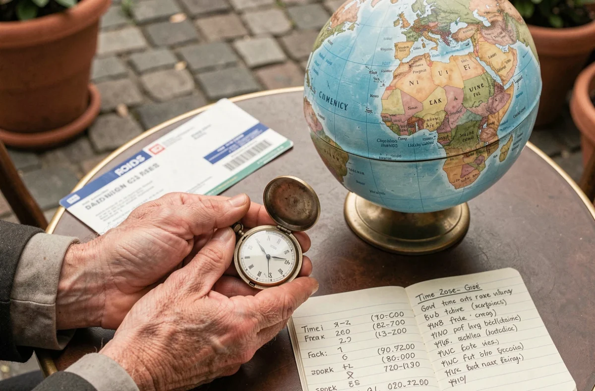 Mains de voyageur tenant une montre de poche vintage près d'un globe terrestre avec des notes sur les fuseaux horaires