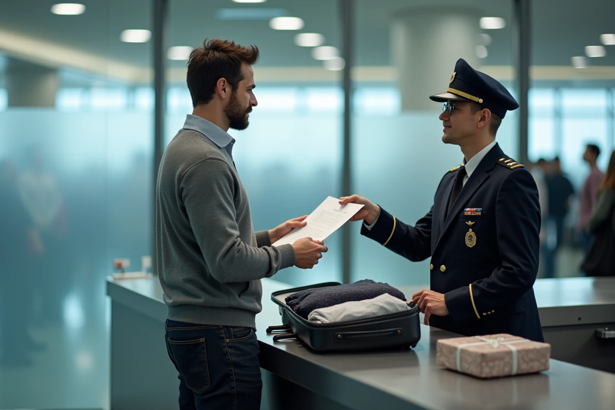Voyageur remettant sa déclaration douanière à un agent en uniforme dans un hall d'arrivée international