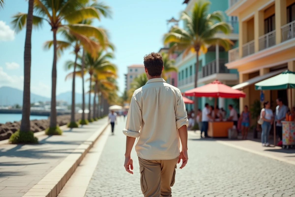 Voyageur solo explorant un boulevard côtier animé et sécurisé à l'île Maurice, destination touristique africaine prisée