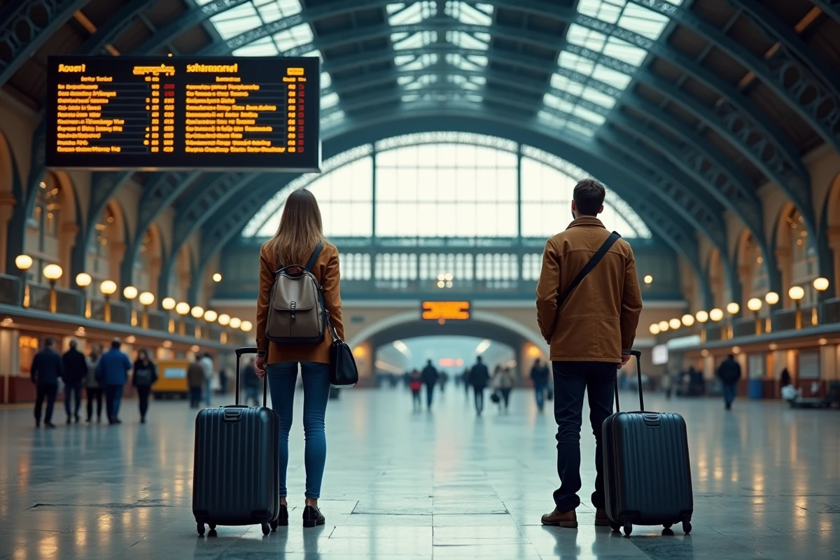 Deux voyageurs avec valises observant le tableau des départs dans une grande gare ferroviaire européenne historique
