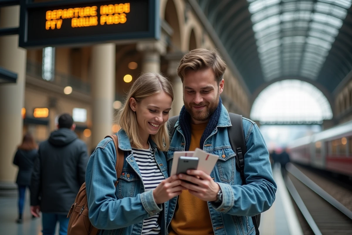 Deux voyageurs consultant leurs passes Interrail sur le quai d'une grande gare européenne avant leur départ