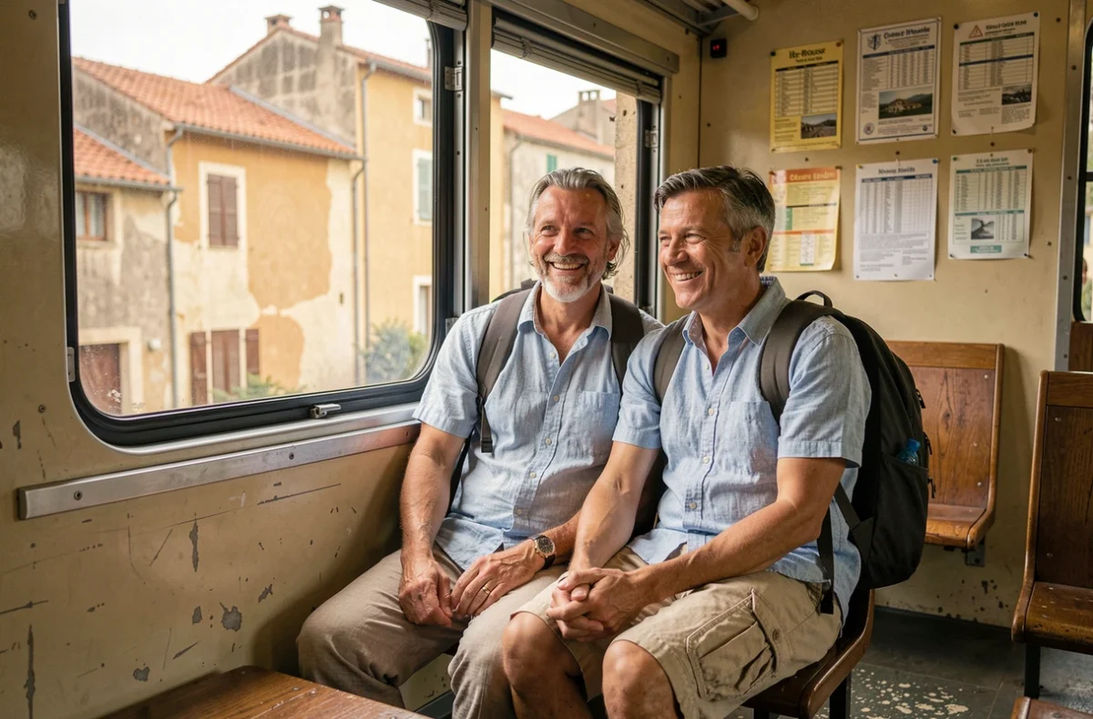 Couple de voyageurs à bord du train de Balagne regardant le village d'Île-Rousse depuis la fenêtre ouverte