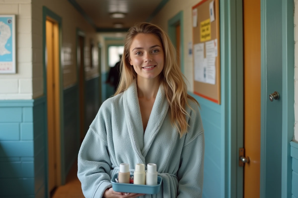 Voyageuse en robe de bain tenant une trousse de toilette devant l'entrée des douches communes d'une auberge