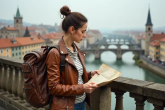 Voyageuse avec sac à dos consultant une carte sur un pont en pierre dans une vieille ville européenne aux toits en tuiles