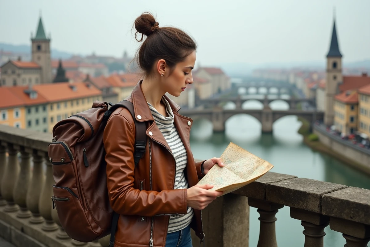 Voyageuse avec sac à dos consultant une carte sur un pont en pierre dans une vieille ville européenne aux toits en tuiles