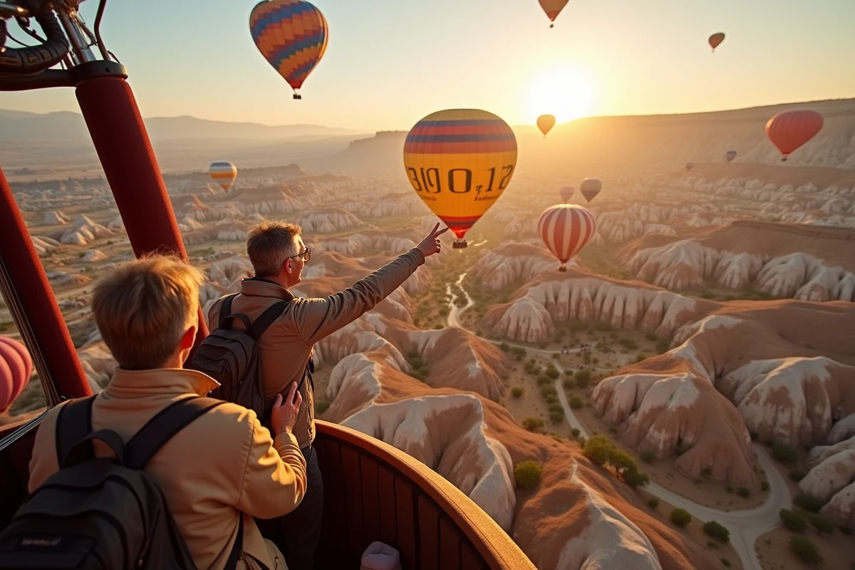 Vue aérienne depuis une montgolfière au-dessus des formations rocheuses de Cappadoce en Turquie avec plusieurs ballons colorés en vol