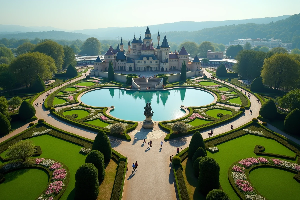 Vue aérienne du complexe de Disneyland Paris avec ses jardins, son lac central et ses allées remplies de visiteurs au printemps